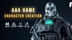 A detailed 3D character model with intricate armor and textures, posed in a game engine environment.