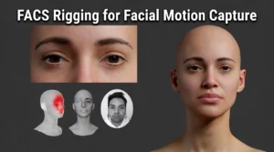 A split view showing a 3D character face rig in Maya and a rendered animation in Marmoset Toolbag.