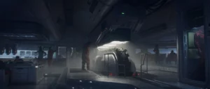 A futuristic sci-fi interior concept design with detailed architectural elements.