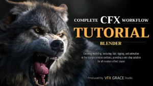 A realistic 3D wolf model created in Blender, showcasing detailed fur and textures.