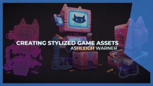 A hand-painted stylized 3D game environment scene with a sci-fi prop and colorful terrain.