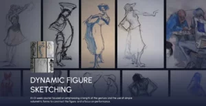 A collection of dynamic, loose figure sketches showing exaggerated poses and volumetric forms like boxes and cylinders.