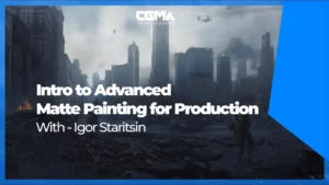 A photorealistic matte painting of a destroyed cityscape with snow, showing a final composite shot.