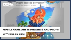 A colorful isometric mobile game scene with a detailed building and various props, rendered in a stylized 2D art style.