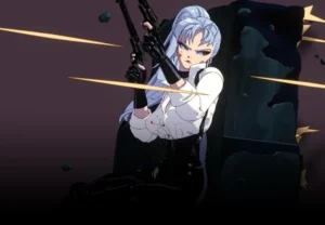 A finished 3D anime-style character model in a dynamic pose, rendered in Blender with cel shading.
