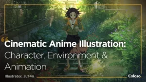 A cinematic anime-style scene with a character in a detailed, realistic background, lit by dramatic lighting and lens flares.