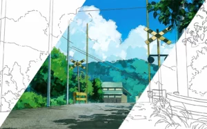A colorful anime-style countryside scene with a bright sky, rolling hills, and a small house, showing different times of day.
