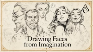 A concept artist drawing a stylized, expressive face from imagination on a digital tablet.