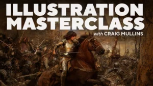 Craig Mullins demonstrating a digital painting exercise on a tablet, with a partially finished imaginative landscape on screen.
