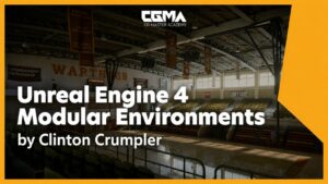 A well-lit, detailed modular game environment built in Unreal Engine 4, featuring architectural assets, props, and decals.