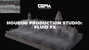 A large-scale water simulation flooding a village, with white water and mist effects.