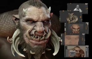 A detailed digital sculpt of a fantasy creature with intricate hair strands, shown in a 3D viewport with ZBrush UI elements.