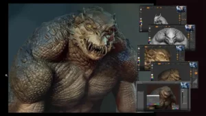 A detailed 3D creature sculpt in ZBrush, shown in a dynamic pose with textured skin and lighting.