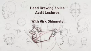 A series of structural head drawings showing skull construction, facial features, and planes in graphite.