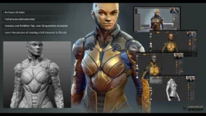 A detailed sci-fi character bust rendered in ZBrush, with metallic armor and organic forms.