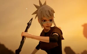 A dynamic 3D game character performing a takedown move on an enemy in a combat arena.