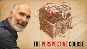 A hand drawing a complex 3D box structure in perspective on paper with a pencil.