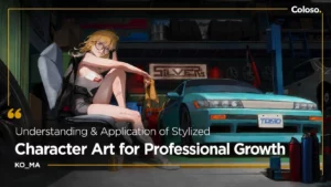 A stylized character illustration with a detailed background, showing depth and lighting.