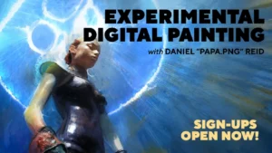 A chaotic, painterly digital artwork blending abstract brushstrokes with a 3D-rendered silhouette, showing destructive editing and texture.