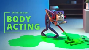 A 3D character in an expressive pose from a multi-shot pantomime animation sequence.