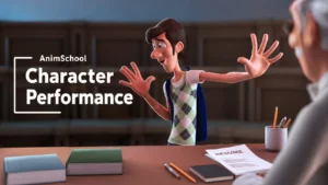 3D character in a dramatic pose with expressive facial animation, demonstrating dialogue acting and storytelling through body language.