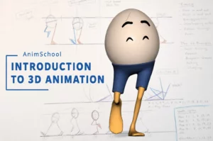 3D bouncing ball and simple character poses displayed in Autodesk Maya