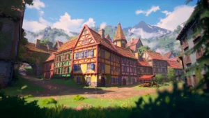 Stylized 3D environment scene created in Unreal Engine with vibrant colors and stylized props.