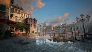 A stylized game environment scene built in Unreal Engine 5, showing a valley town with buildings, terrain, and atmospheric lighting.