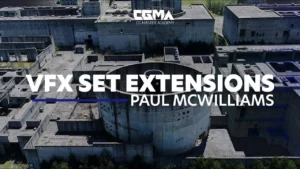 3D wireframe and textured digital extension of an abandoned nuclear power station integrated over live-action drone footage.