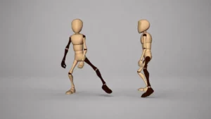 3D character in a dynamic running pose with motion arcs and timing markers overlaid