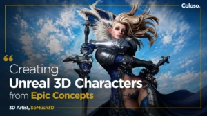 A semi-realistic 3D female character with detailed armor, flowing hair, and a sword, posed in a dramatic stance.