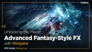 VFX artist creating a fantasy-style fire explosion effect in Unreal Engine's Niagara particle system on a character model.