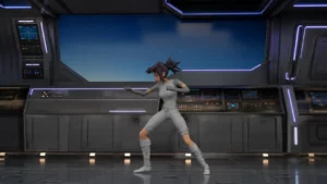 A 3D game character in a dynamic action pose, demonstrating weight and timing for body mechanics animation.