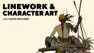 Course cover with an inked character artwork for Linework & Character Art with Hugo Richard.