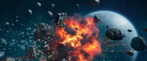 Cinematic space scene with a space station, an incoming asteroid, and a missile explosion in Unreal Engine 4.