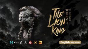 Cinematic lion humanoid warrior in ornate armor with mane and fur