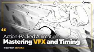 Original 2D character in dynamic action pose with fire and lighting effects