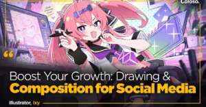 Illustrator's workspace showing a character illustration in CLIP STUDIO PAINT with social media layout thumbnails and cropping guides on screen.