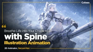 2D anime girl rigged in Spine with bones, mesh and idle pose controls visible