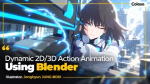 2D anime character with Grease Pencil effects over 3D Blender background