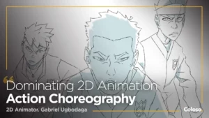 Two 2D animated martial artists fighting in dynamic action pose