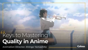 Anime character keyframes, storyboards and 3D camera layout on desk monitors