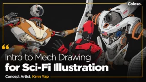 Detailed humanoid cyberpunk mech with exposed mechanical joints on dark background