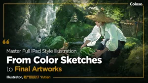 Illustrator's iPad screen showing a colorful character illustration in Procreate with layers and brush menu visible.