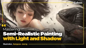 Semi-realistic female game character with dramatic lighting and shadows