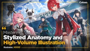 Stylized female character illustration with dynamic lighting and detailed anatomy