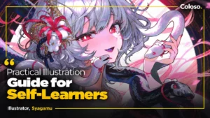 Anime girl illustration with anatomy sketches, color palette and drawing tablet