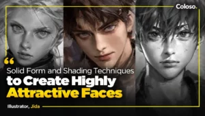 Stylized male and female character faces with dramatic shading on dark background