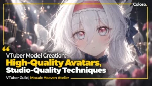 Anime VTuber girl model sheet showing nine head angles and expressions