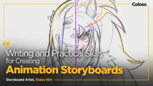 Hand-drawn animation storyboard panels with action poses and camera direction notes